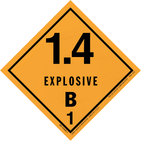 Diamond-shaped orange warning sign displaying ’1.4 EXPLOSIVE B 1’’ hazard classification.