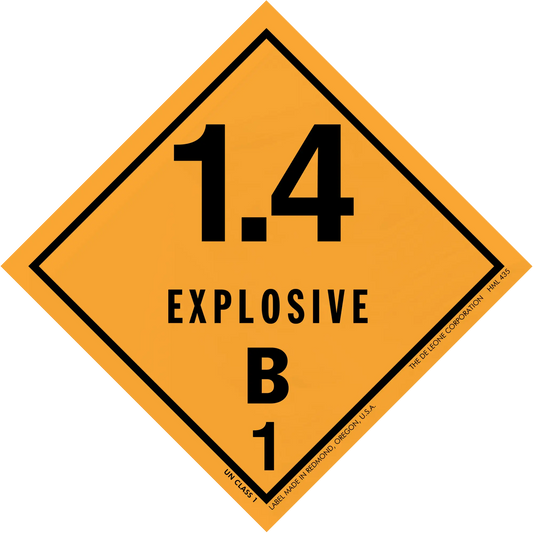 Diamond-shaped orange warning sign displaying ’1.4 EXPLOSIVE B 1’’ hazard classification.