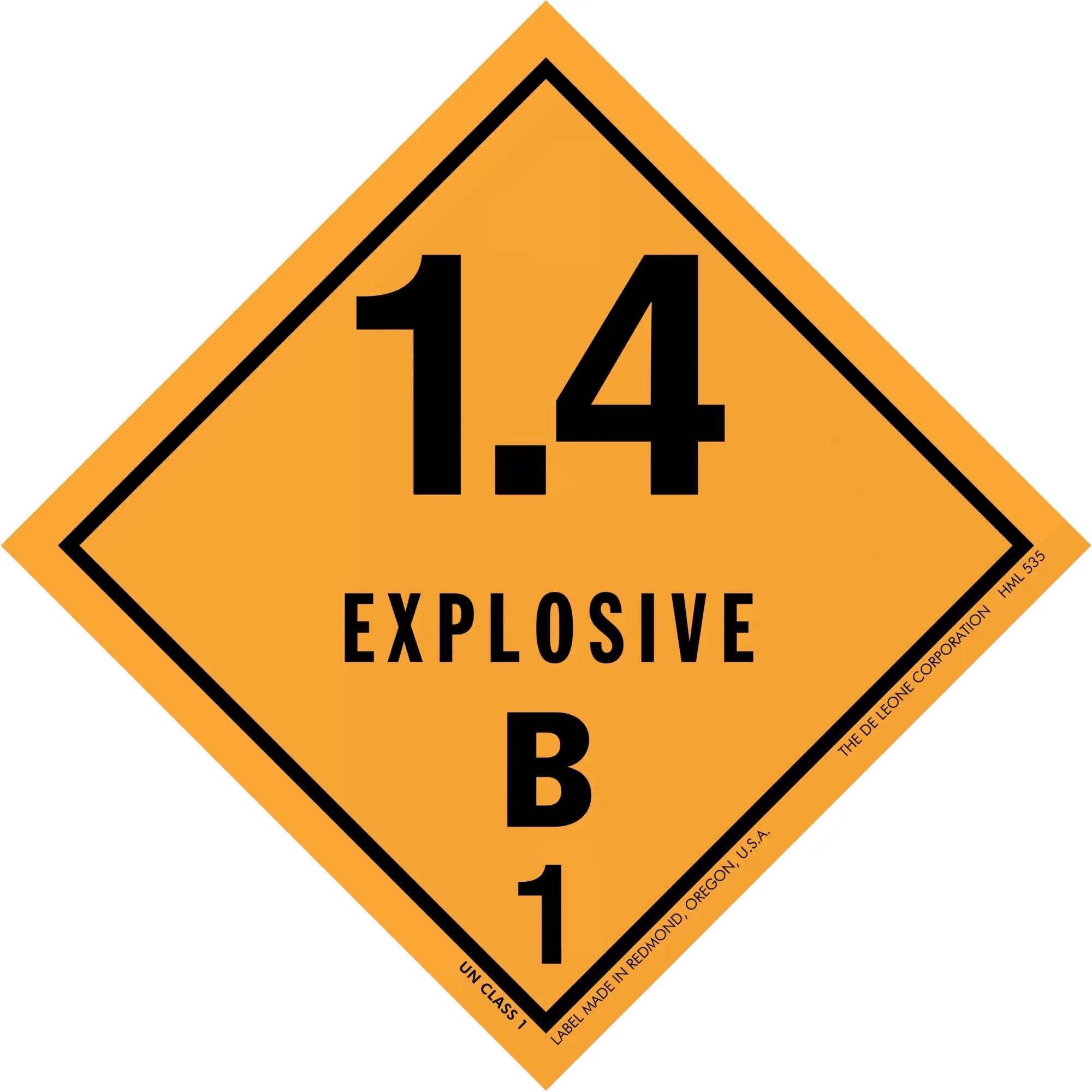 Diamond-shaped orange hazard placard displaying ’1.4 EXPLOSIVE B 1’’