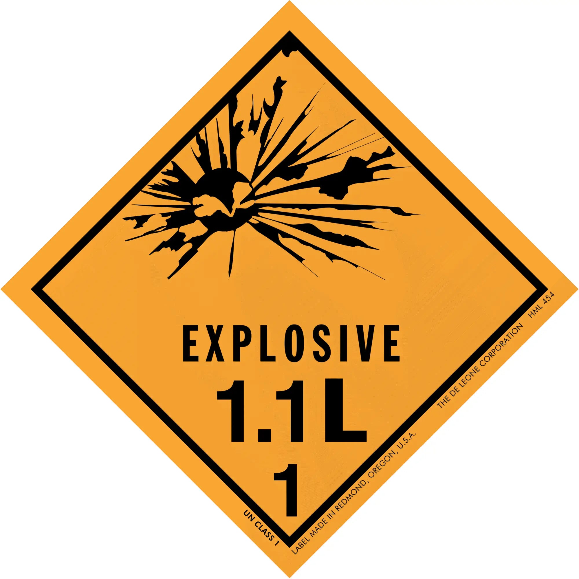 Diamond-shaped orange warning sign for explosive materials labeled ’EXPLOSIVE 1.1L 1’’ with a black explosion symbol.