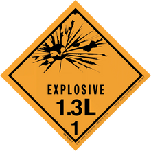 Diamond-shaped orange warning sign for explosive materials labeled ’EXPLOSIVE 1.3L 1’’ with a black explosion symbol.