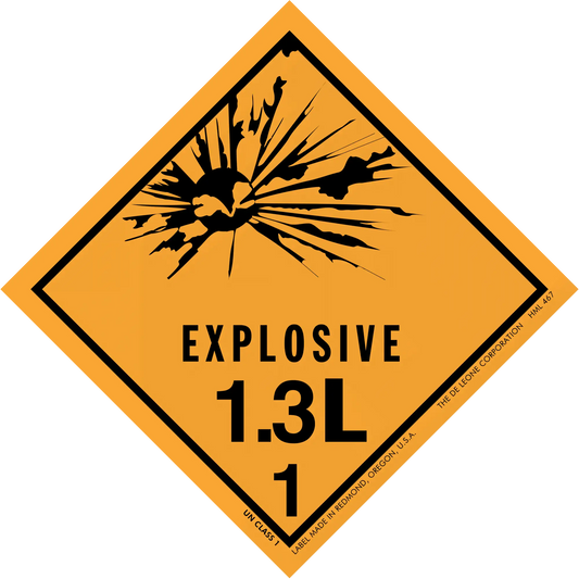 Diamond-shaped orange warning sign for explosive materials labeled ’EXPLOSIVE 1.3L 1’’ with a black explosion symbol.