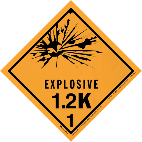 Orange diamond-shaped hazard warning sign for explosive materials labeled ’EXPLOSIVE 1.2K 1’’ with a black explosion symbol.