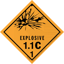 Diamond-shaped orange warning sign for Explosive hazard class 1.1C materials.