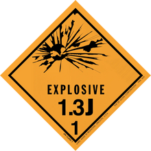 Diamond-shaped orange warning sign for Explosive hazard class 1.3J.