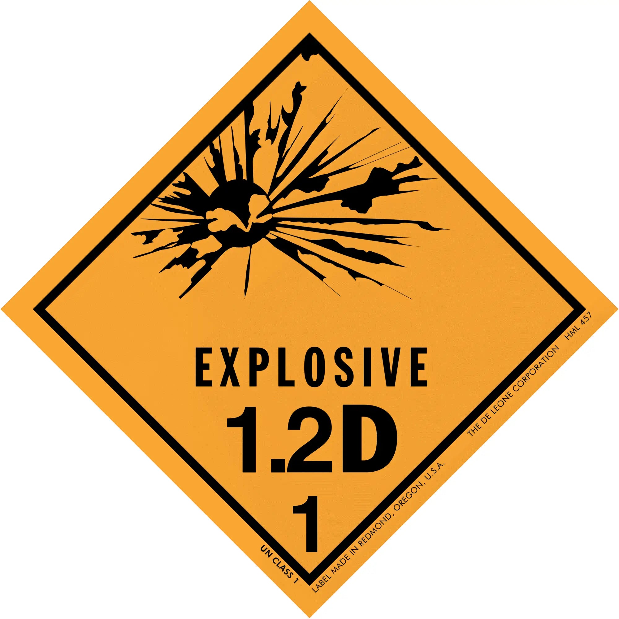 Diamond-shaped orange warning sign for explosive hazard class 1.2D.