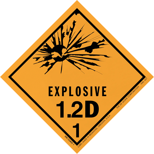 Diamond-shaped orange warning sign for explosive hazard class 1.2D.