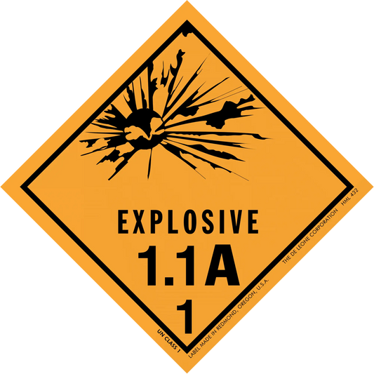 Diamond-shaped orange warning sign displaying ’EXPLOSIVE 1.1A 1’’ with a black explosion symbol.