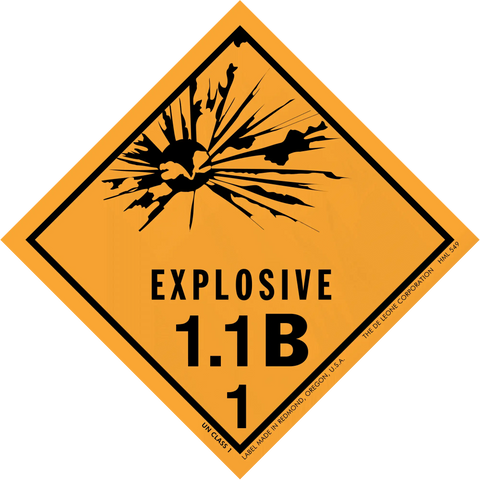 Orange diamond-shaped hazard warning sign for Explosive Class 1.1B materials.