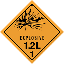 Orange diamond-shaped hazard warning sign for explosive materials labeled ’EXPLOSIVE 1.2L 1’’ with a black explosion symbol.