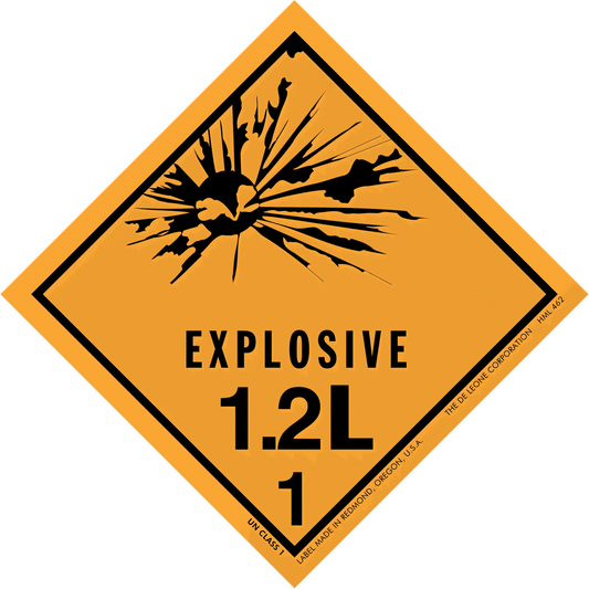 Orange diamond-shaped hazard warning sign for explosive materials labeled ’EXPLOSIVE 1.2L 1’’ with a black explosion symbol.