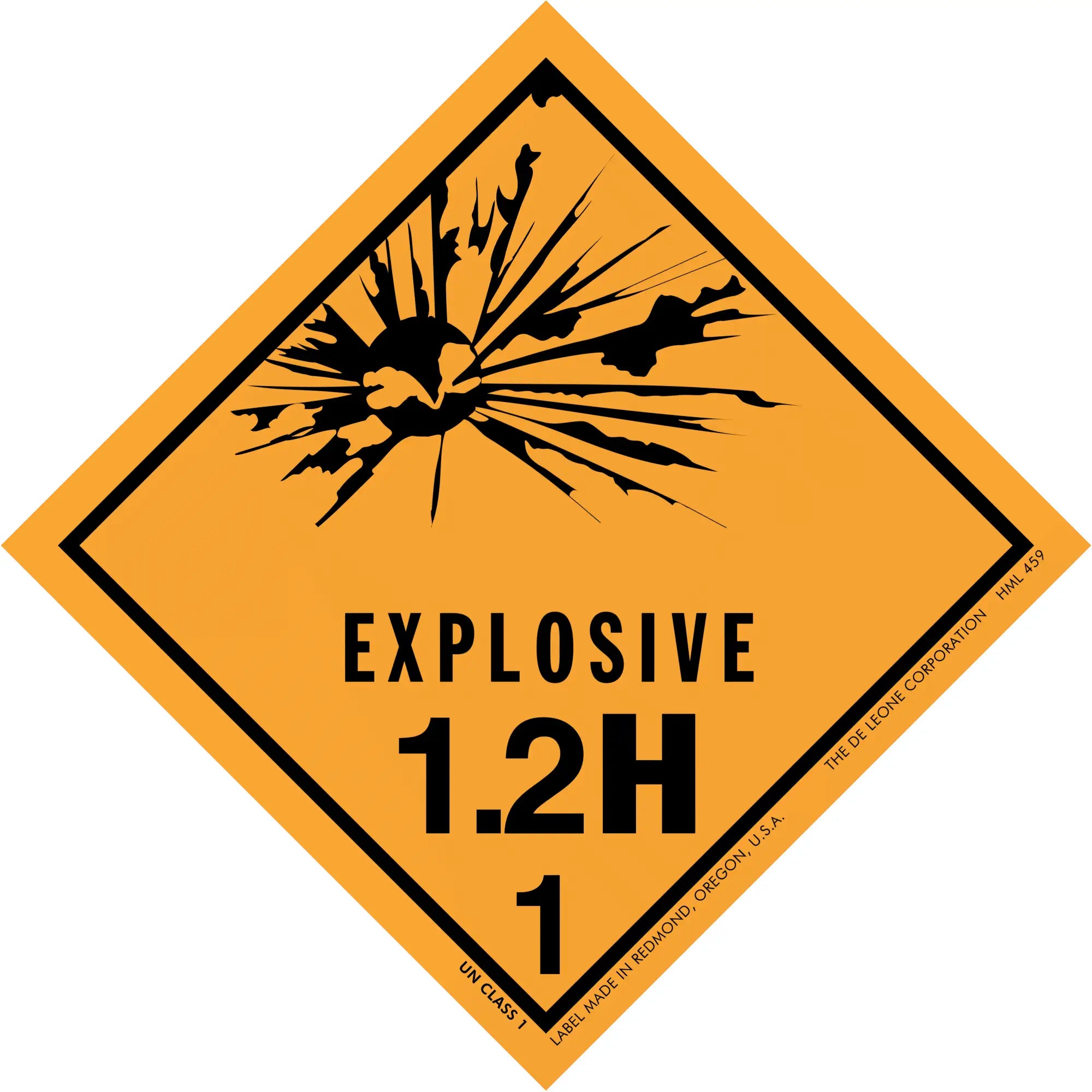 Diamond-shaped orange hazard warning sign for explosive material class 1.2H.