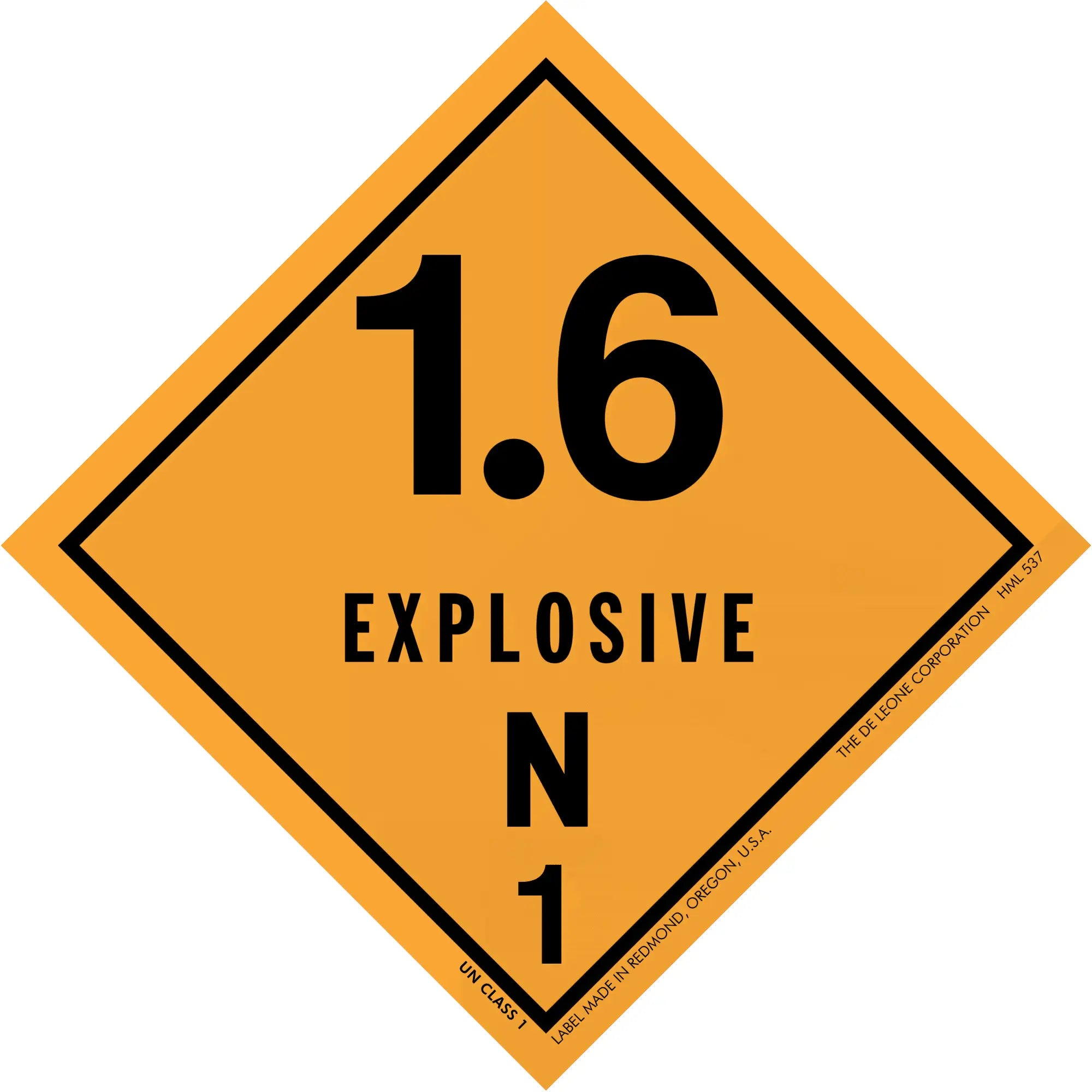 Orange diamond-shaped hazard placard displaying ’1.6 EXPLOSIVE N 1’’