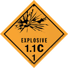Diamond-shaped orange warning sign displaying ’EXPLOSIVE 1.1C 1’’ with a black explosion symbol.
