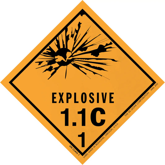 Diamond-shaped orange warning sign displaying ’EXPLOSIVE 1.1C 1’’ with a black explosion symbol.