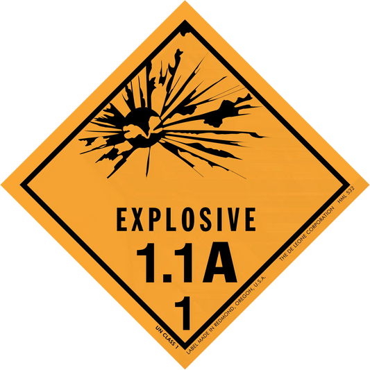 Diamond-shaped orange warning sign for Class 1.1A explosives with a black explosion symbol.