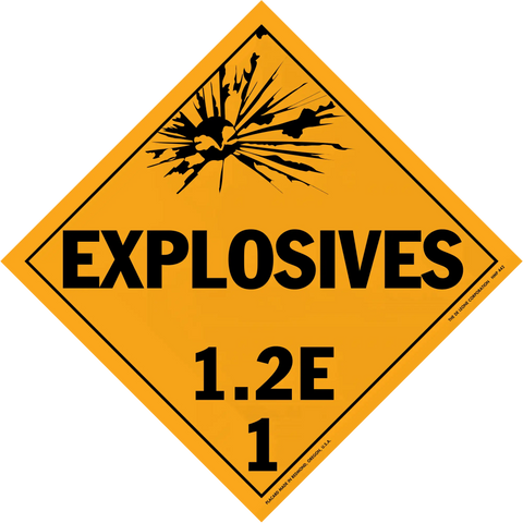 Diamond-shaped orange warning sign for explosives with classification 1.2E.