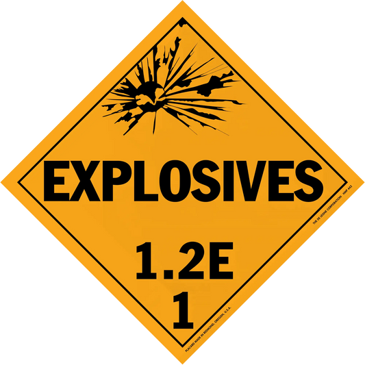 Diamond-shaped orange warning sign for explosives with classification 1.2E.