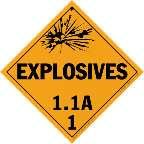 Diamond-shaped orange warning sign for explosives with classification 1.1A.