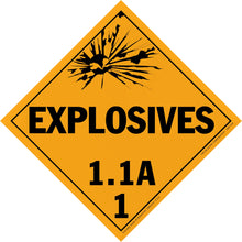 Diamond-shaped orange warning sign for explosives with classification 1.1A.