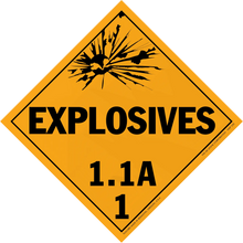 Diamond-shaped orange warning sign for explosives with classification 1.1A.