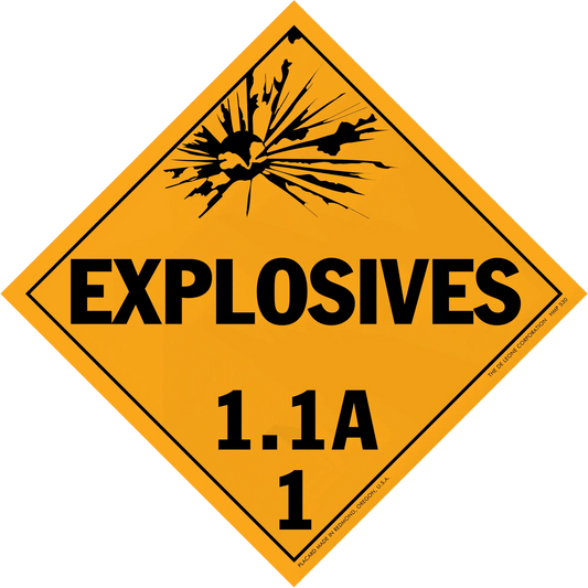 Diamond-shaped orange warning sign for explosives with classification 1.1A.