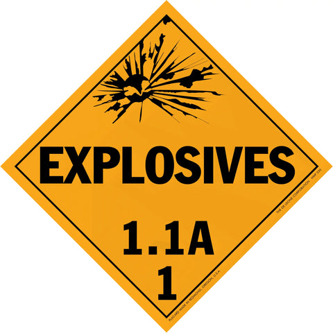Diamond-shaped orange warning sign for explosives with classification 1.1A.