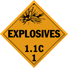 Diamond-shaped orange warning sign for explosives with classification 1.1C.