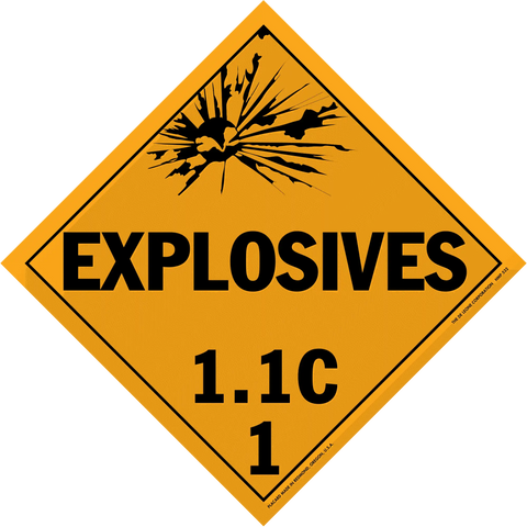 Diamond-shaped orange warning sign for explosives with classification 1.1C.