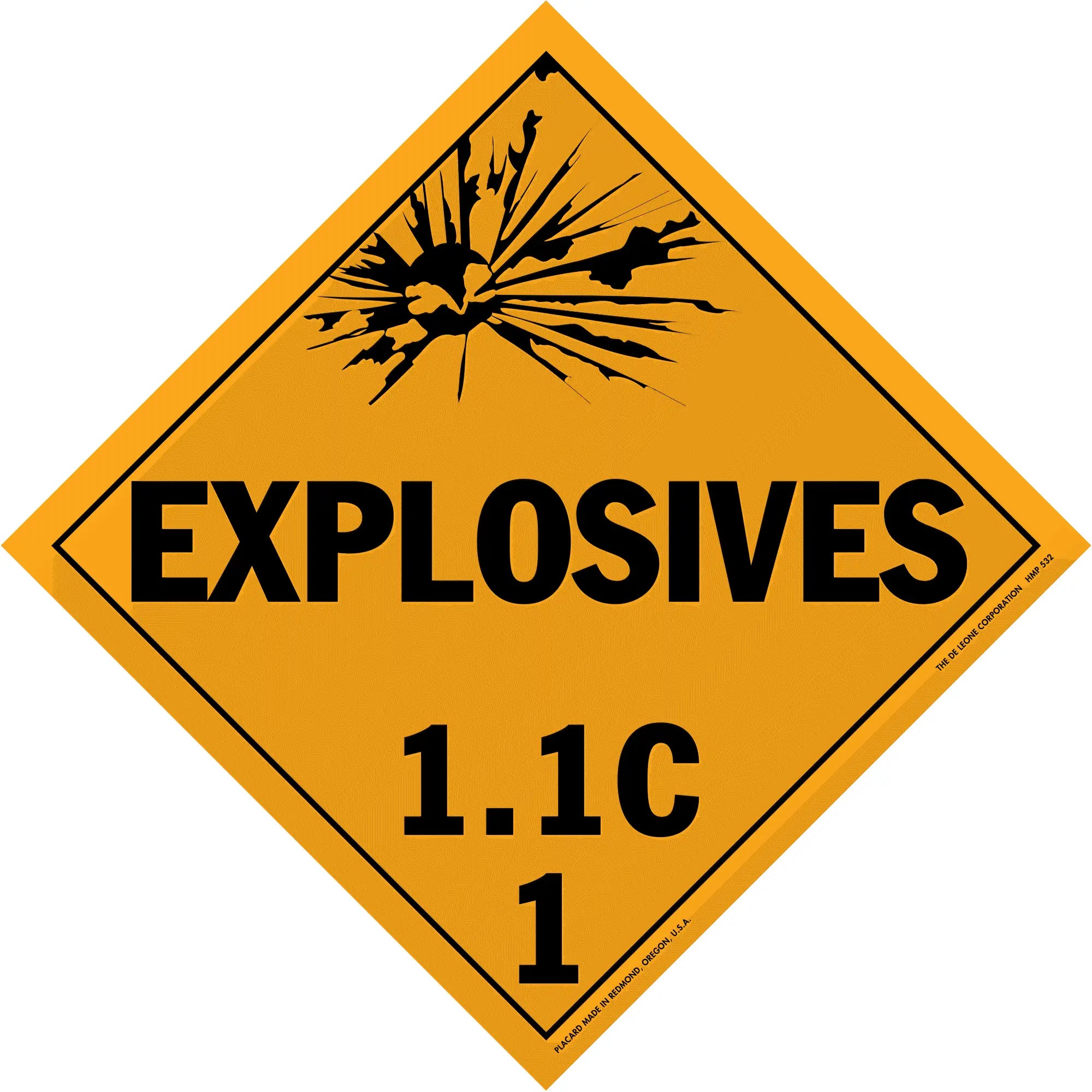 Diamond-shaped orange warning sign for explosives with classification 1.1C.