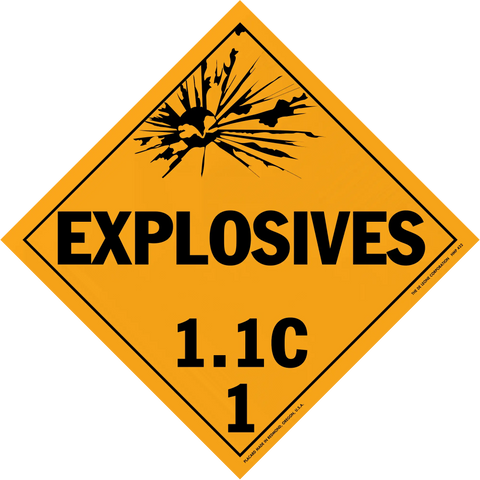 Diamond-shaped orange warning sign for explosives with classification 1.1C.