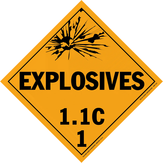 Diamond-shaped orange warning sign for explosives with classification 1.1C.