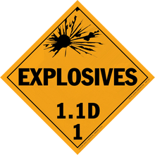 Diamond-shaped orange warning sign for explosives with classification 1.1D.