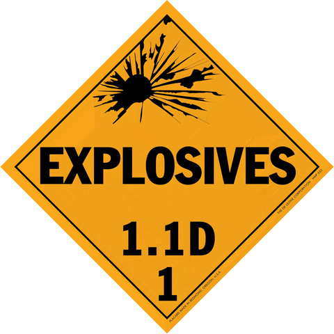 Diamond-shaped orange warning sign for explosives with classification 1.1D.