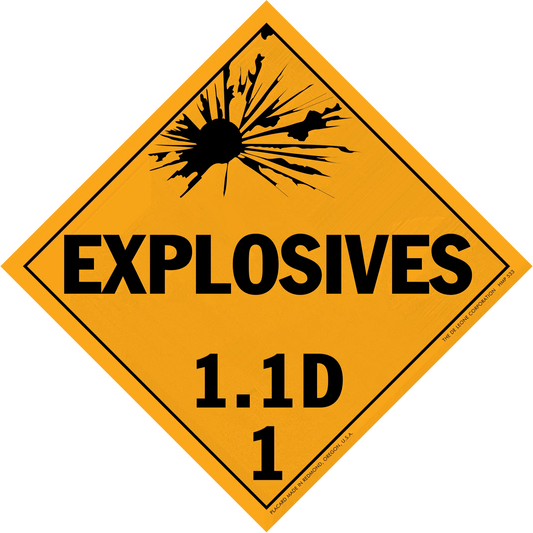 Diamond-shaped orange warning sign for explosives with classification 1.1D.