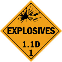 Diamond-shaped orange warning sign for explosives with classification 1.1D.