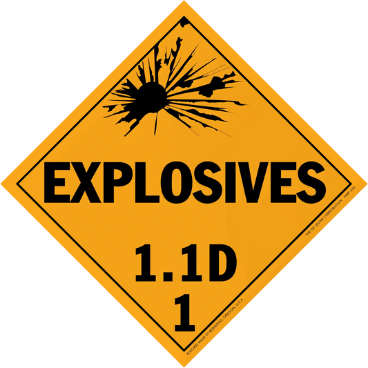 Diamond-shaped orange warning sign for explosives with classification 1.1D.