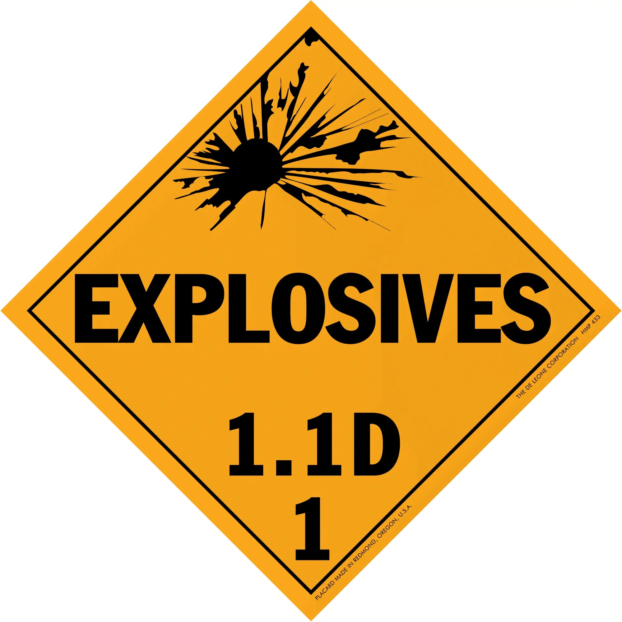 Diamond-shaped orange warning sign for explosives with classification 1.1D.