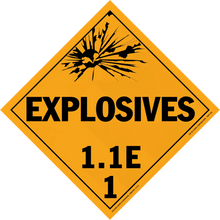 Diamond-shaped orange warning sign for explosives with classification 1.1E.