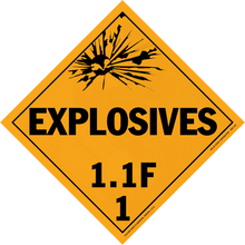 Diamond-shaped orange warning sign for explosives with classification 1.1F.