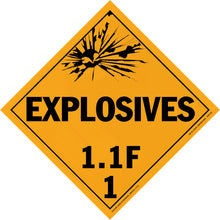 Diamond-shaped orange warning sign for explosives with classification 1.1F.