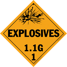 Diamond-shaped orange warning sign for explosives class 1.1G hazardous materials.