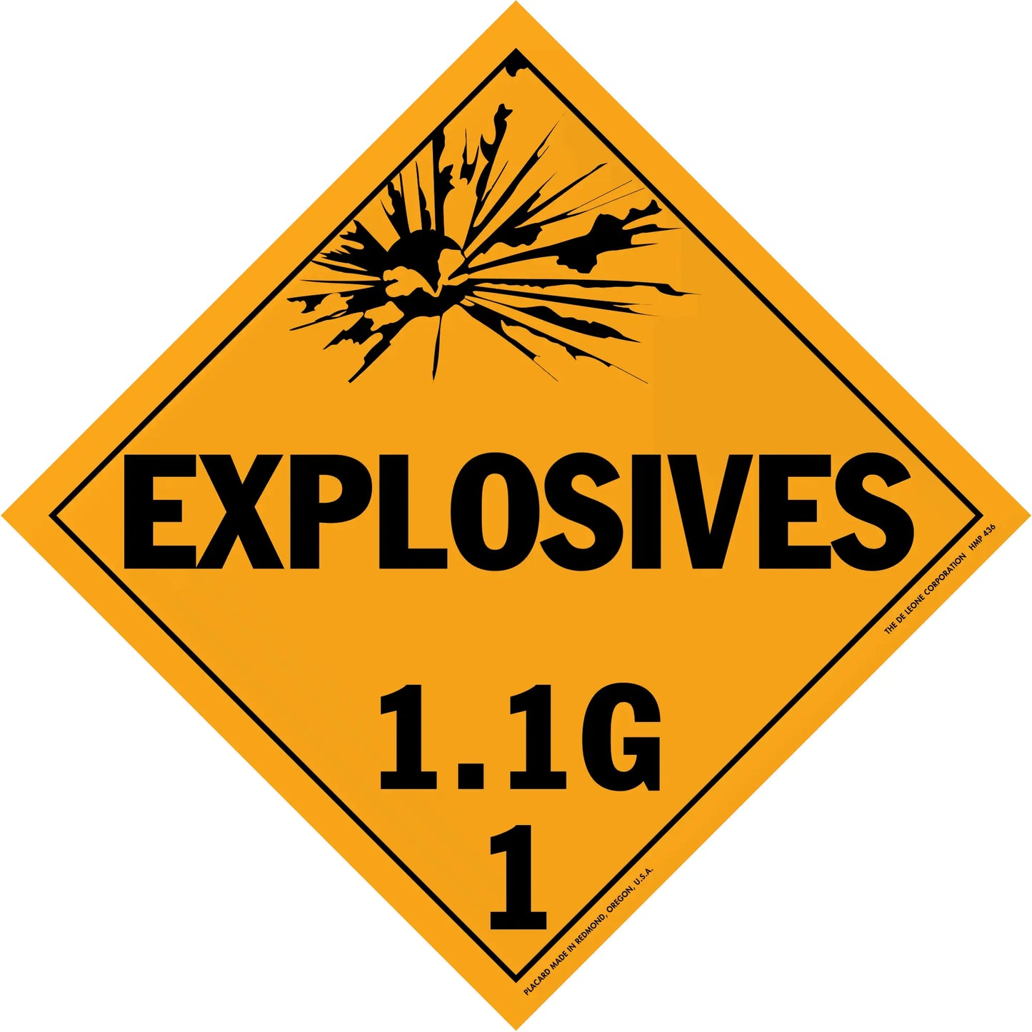 Diamond-shaped orange warning sign for Explosives 1.1G hazard class.