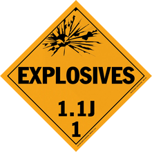 Diamond-shaped orange warning sign for explosives with hazard class 1.1J.