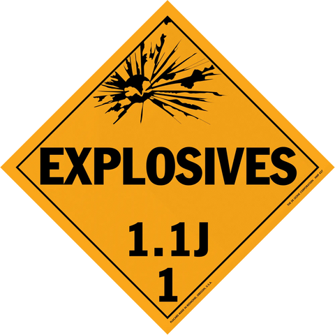 Diamond-shaped orange warning sign for explosives with hazard class 1.1J.