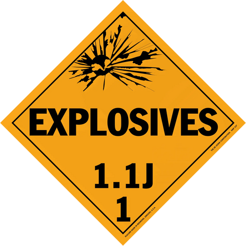 Diamond-shaped orange warning sign for explosives with hazard class 1.1J.