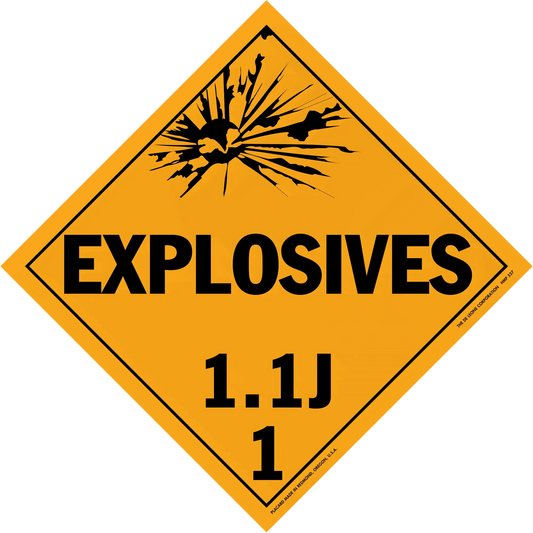 Diamond-shaped orange warning sign for explosives with hazard class 1.1J.