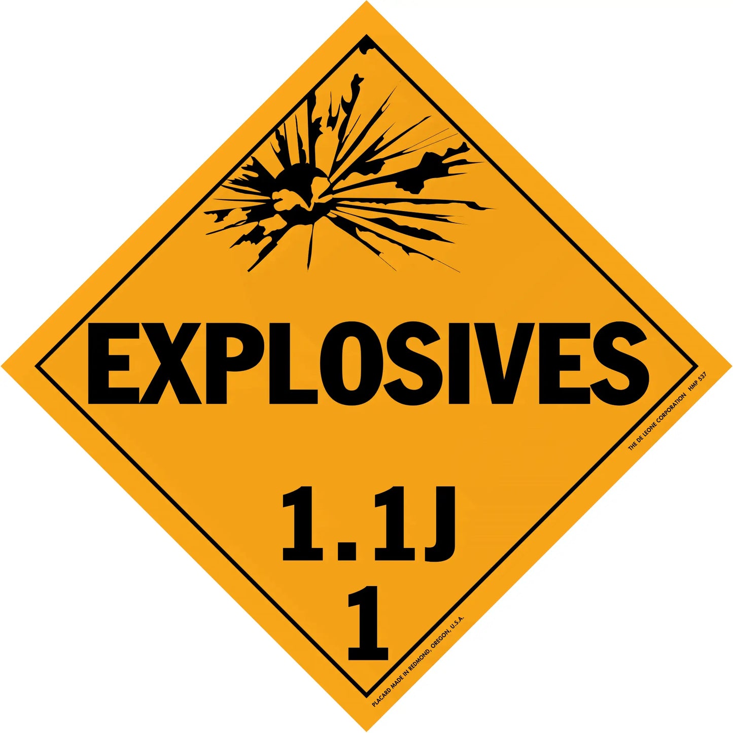 Diamond-shaped orange warning sign for explosives with hazard class 1.1J.