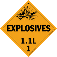 Diamond-shaped orange warning sign for explosives with hazard class 1.1L.