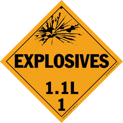 Diamond-shaped orange warning sign for explosives with hazard class 1.1L.